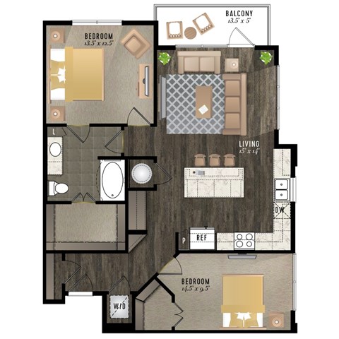 Floor plan for 2 beds, 2 baths, 1054 sqft